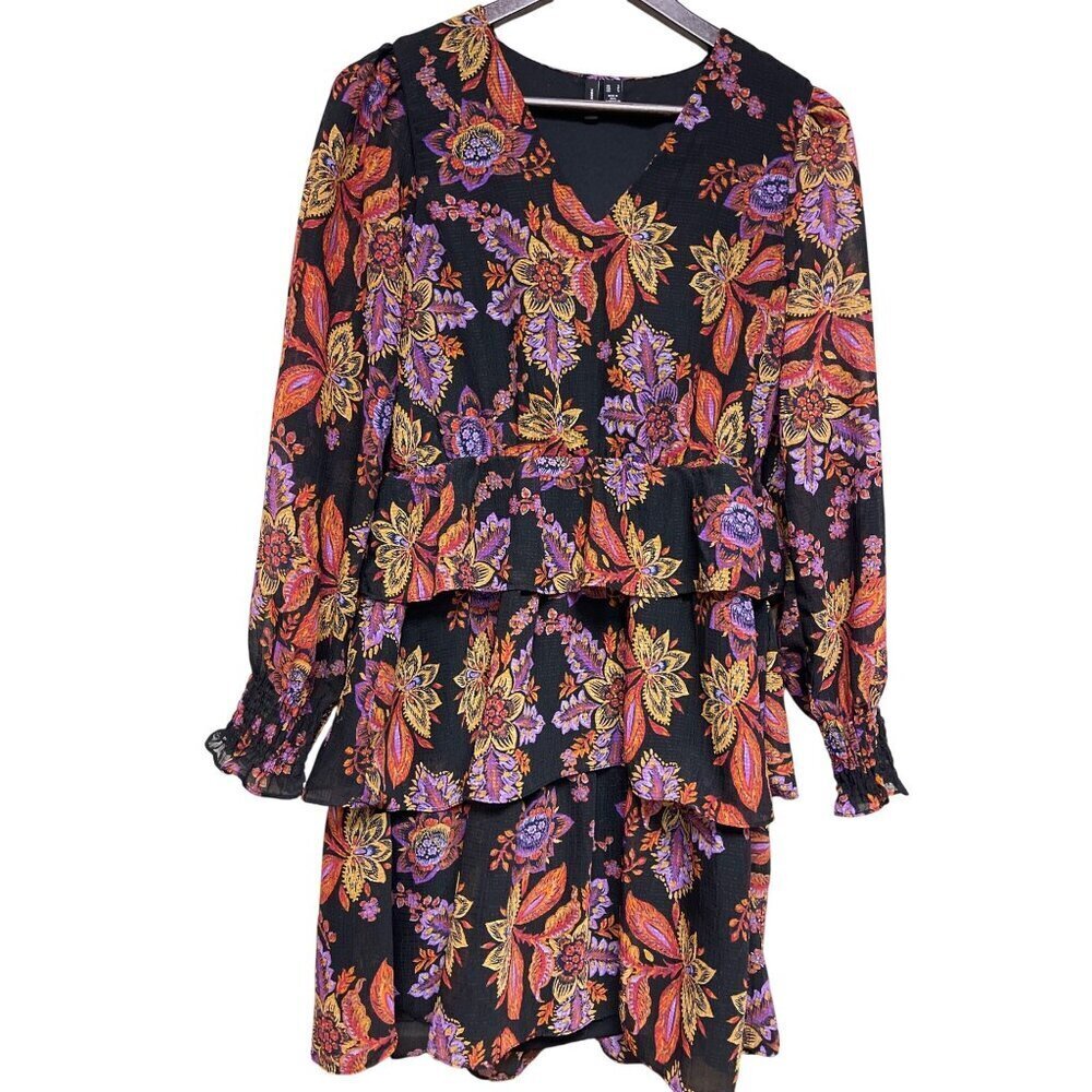 Vero Moda Women's Black Floral Long Sleeve V-Neck Short Dress Ruffle Size Small